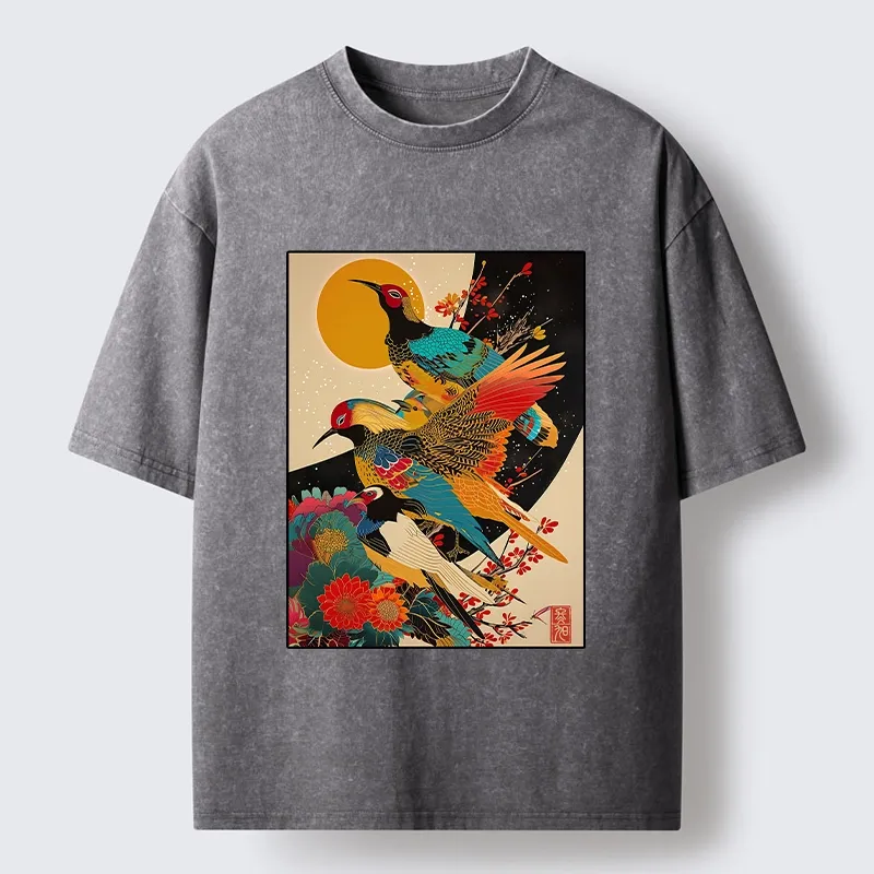 Tokyo-Tiger Sunrise Pheasants Blossom Oriental Art Design Washed T-Shirt