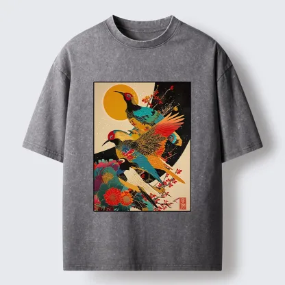 Tokyo-Tiger Sunrise Pheasants Blossom Oriental Art Design Washed T-Shirt