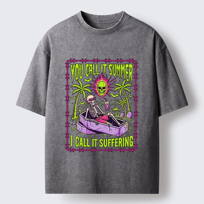 Tokyo-Tiger Neon Skull Summer Vacation Dark Humor Art Washed T-Shirt