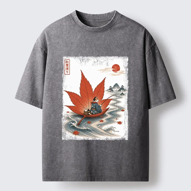 Tokyo-Tiger Japanese Cat Maple River Fishing Vintage Art Washed T-Shirt