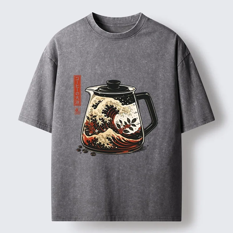 Tokyo-Tiger Coffee Pot Great Wave Coffee Beans Art Washed T-Shirt