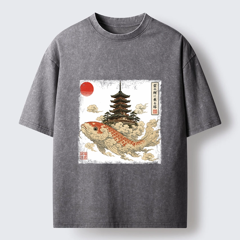 Tokyo-Tiger Sacred Koi Carp And Ancient Temple Tower Art Washed T-Shirt