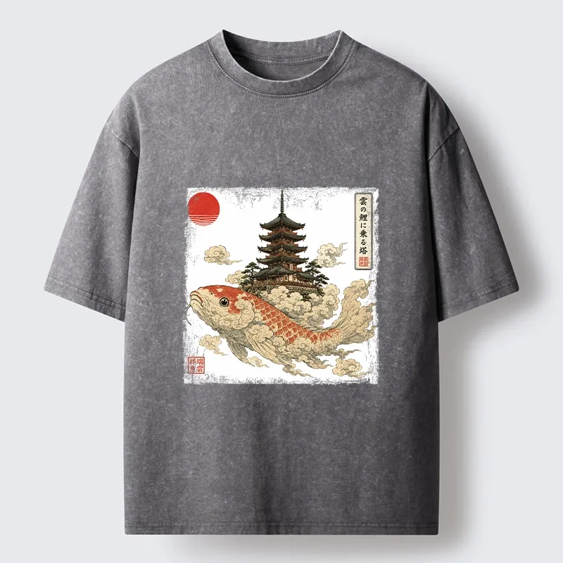 Tokyo-Tiger Sacred Koi Carp And Ancient Temple Tower Art Washed T-Shirt