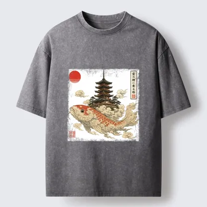 Tokyo-Tiger Sacred Koi Carp And Ancient Temple Tower Art Washed T-Shirt