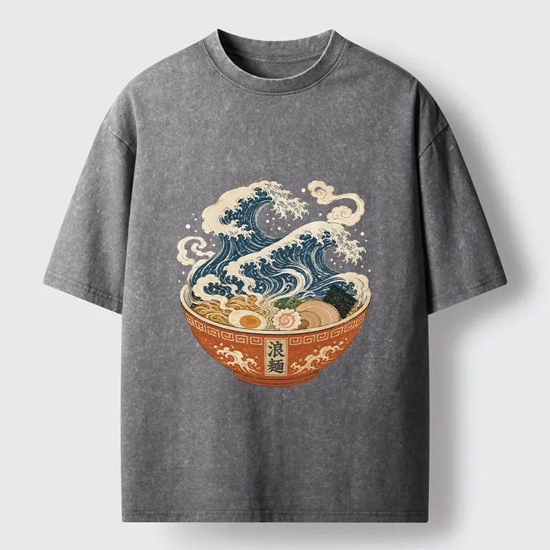 Tokyo-Tiger Ramen Bowl Holds Giant Ocean Wave Graphic Washed T-Shirt