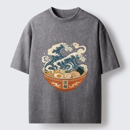 Tokyo-Tiger Ramen Bowl Holds Giant Ocean Wave Graphic Washed T-Shirt