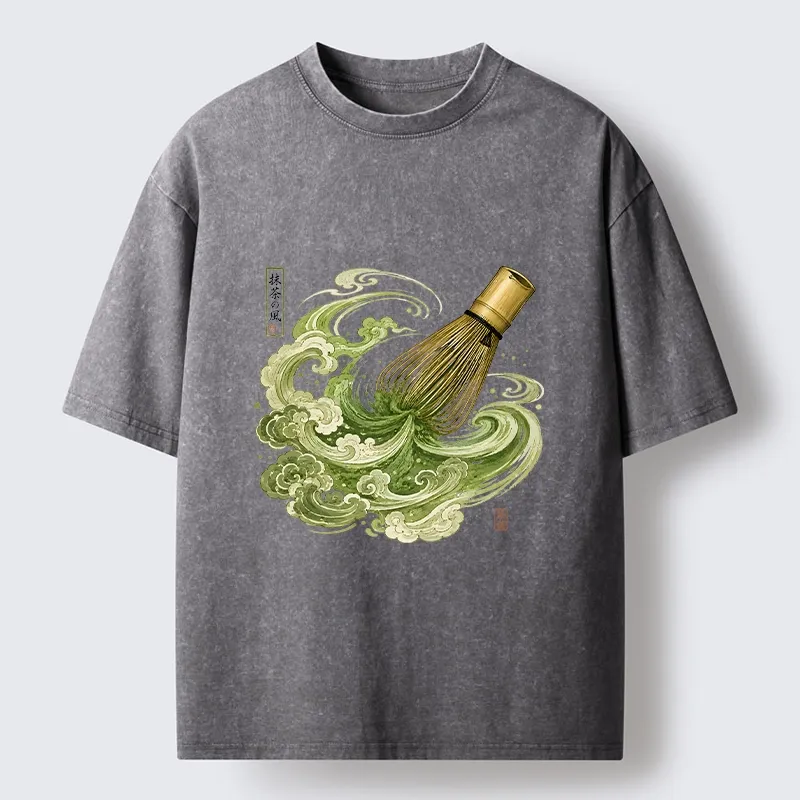 Tokyo-Tiger Zen Matcha Wave Bamboo Whisk Vintage Print Washed T-Shirt