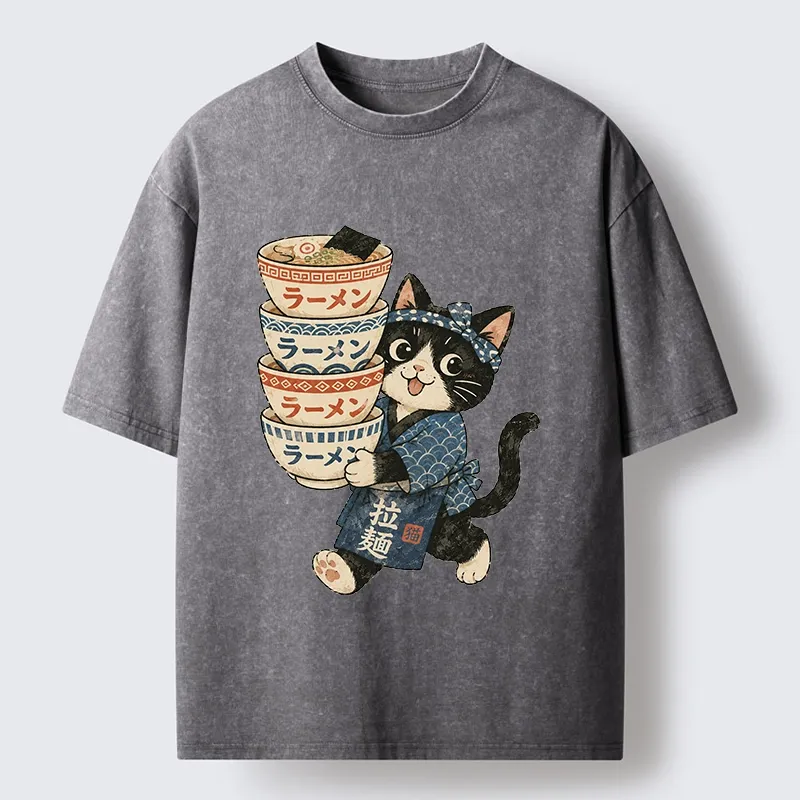 Tokyo-Tiger Funny Meme Cat Carries Stacked Ramen Bowls Washed T-Shirt
