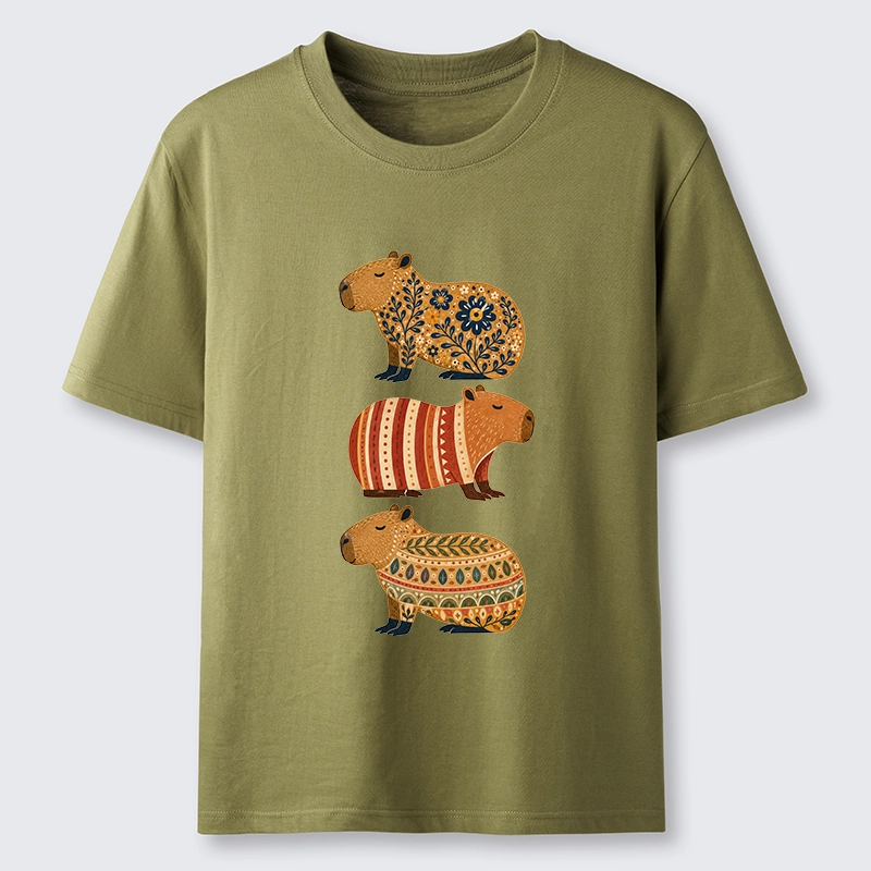Tokyo-Tiger Folk Floral Striped Capybara Trio Print Classic T-Shirt
