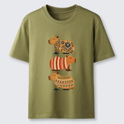 Tokyo-Tiger Folk Floral Striped Capybara Trio Print Classic T-Shirt