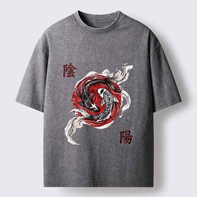 Tokyo-Tiger Red Ink Twin Koi Fish Harmony Washed T-Shirt