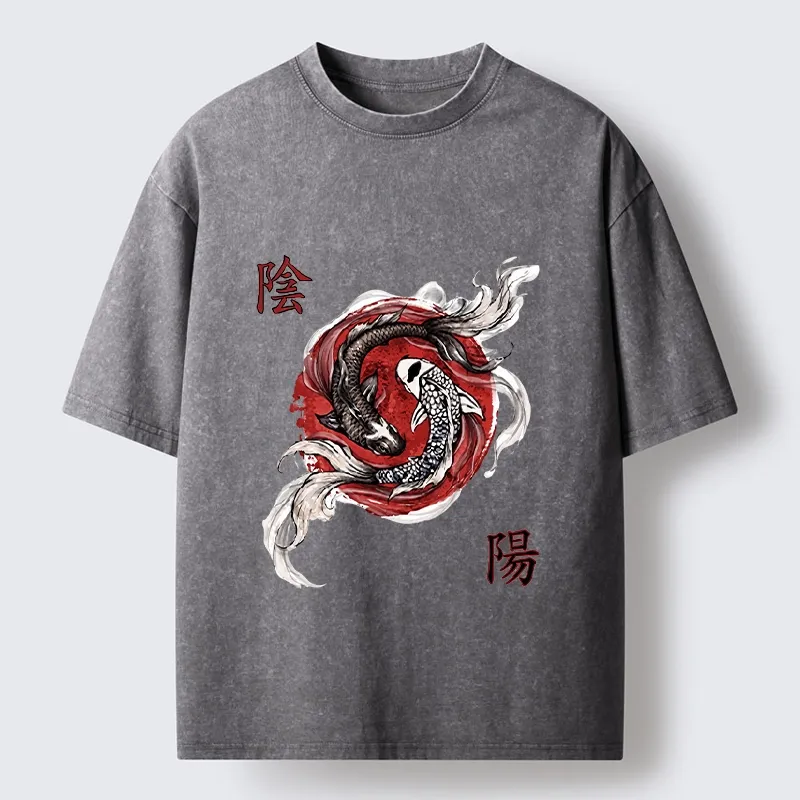 Tokyo-Tiger Red Ink Twin Koi Fish Harmony Washed T-Shirt