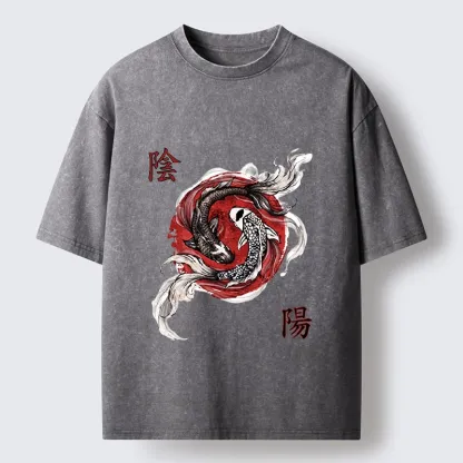 Tokyo-Tiger Red Ink Twin Koi Fish Harmony Washed T-Shirt