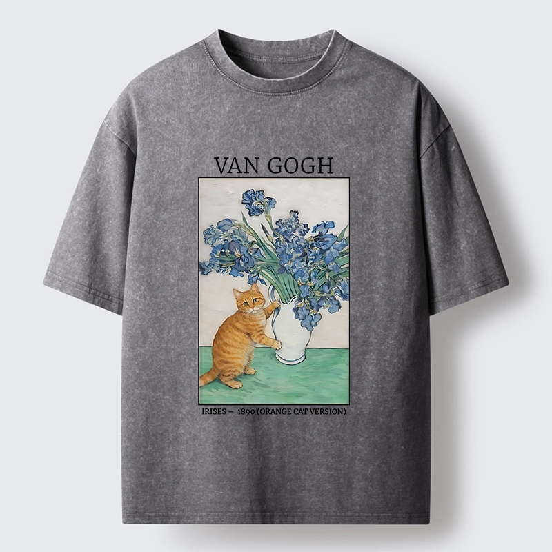 Tokyo-Tiger Orange Cat Touches Van Gogh Irises Washed T-Shirt