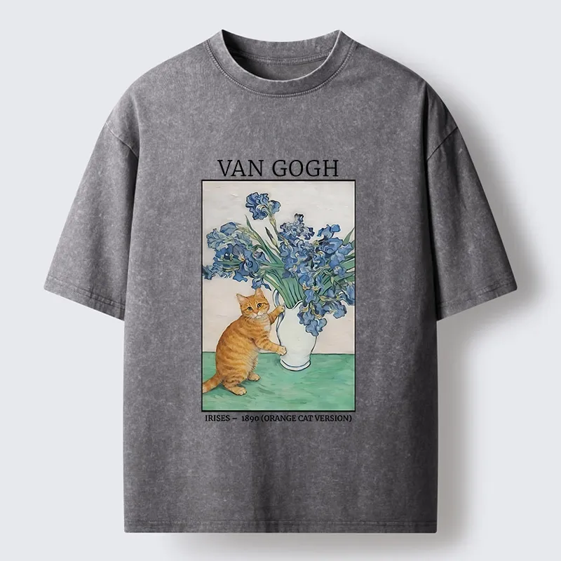 Tokyo-Tiger Orange Cat Touches Van Gogh Irises Washed T-Shirt