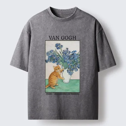 Tokyo-Tiger Orange Cat Touches Van Gogh Irises Washed T-Shirt