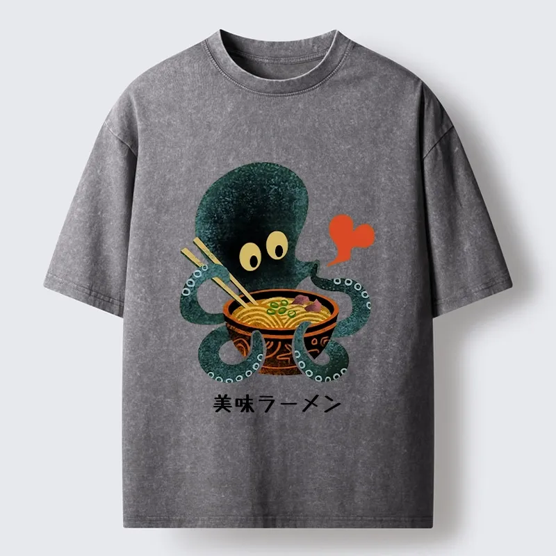 Tokyo-Tiger Octopus Uses Chopsticks For Ramen Washed T-Shirt 