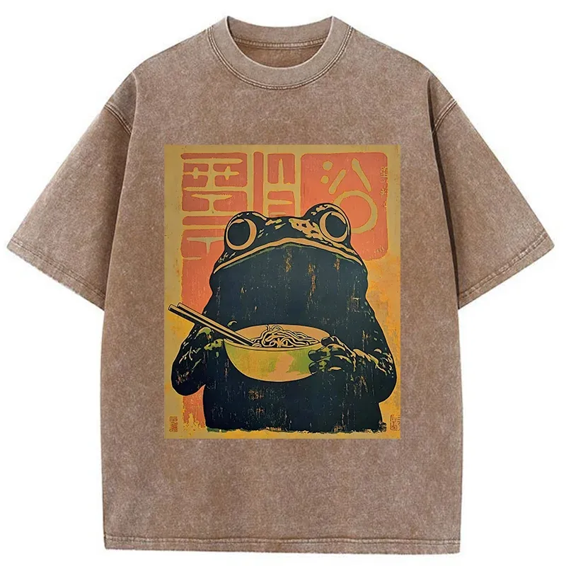 Tokyo-Tiger Retro Frog Eating Ramen Washed T-Shirt