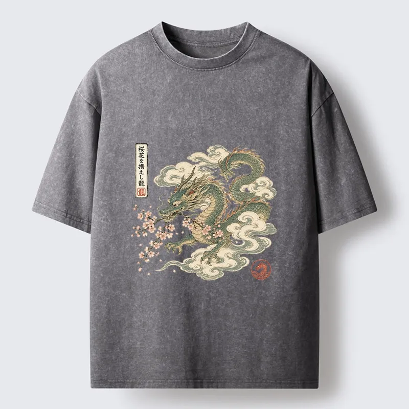Tokyo-Tiger Ancient Dragon Holds Pink Sakura Blooms Washed T-Shirt Sale