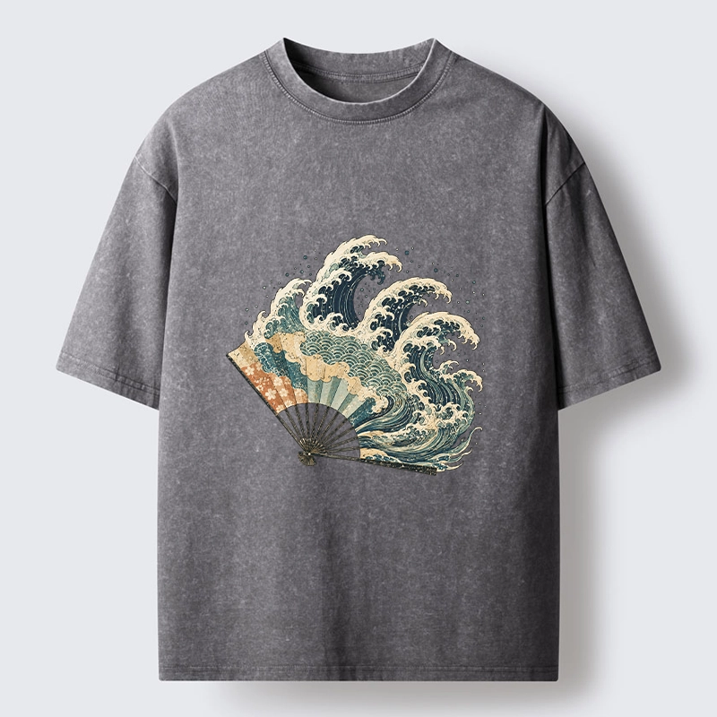 Tokyo-Tiger Wave Fan Classic Japanese Ukiyo E Art Washed T-Shirt