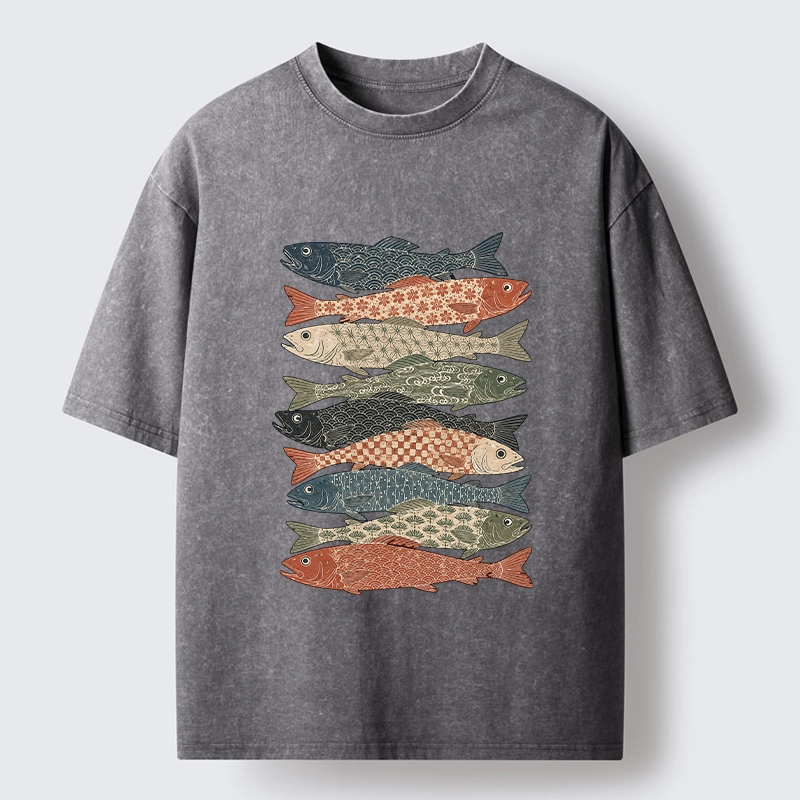 Tokyo-Tiger Patterned Stack Fish Japanese Block Print Washed T-Shirt