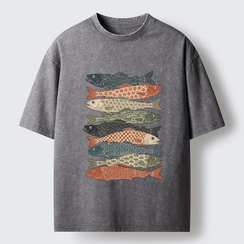 Tokyo-Tiger Patterned Stack Fish Japanese Block Print Washed T-Shirt