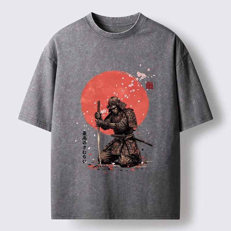Tokyo-Tiger Sakura Samurai Traditional Japan Art Washed T-Shirt Sale