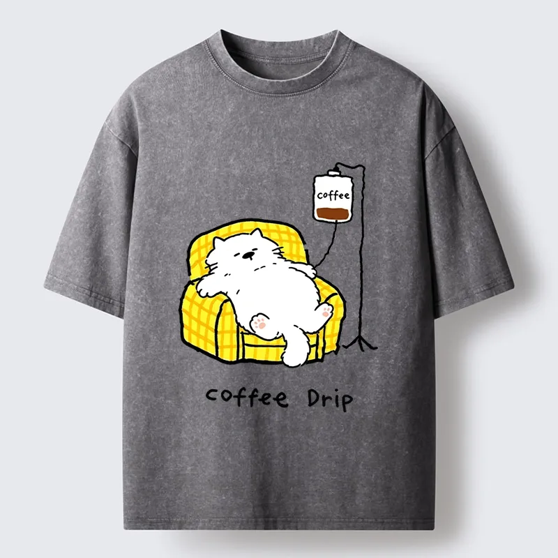 Tokyo-Tiger Fluffy Cat Needs Coffee Drip Art Washed T-Shirt