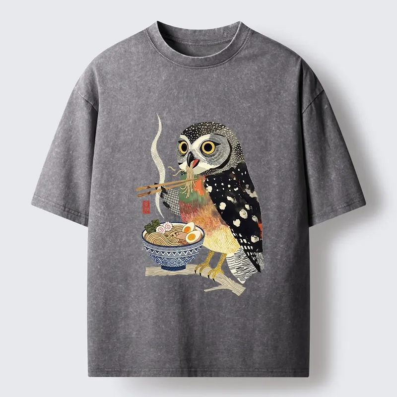 Tokyo-Tiger Owl Slurps Hot Ramen Japan Art Washed T-Shirt