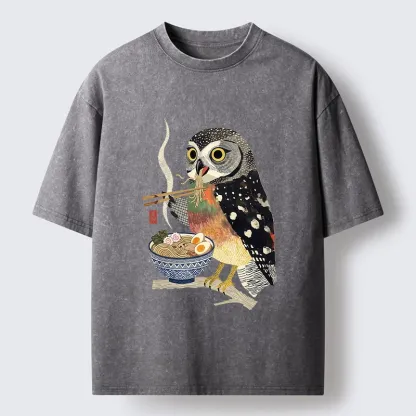 Tokyo-Tiger Owl Slurps Hot Ramen Japan Art Washed T-Shirt