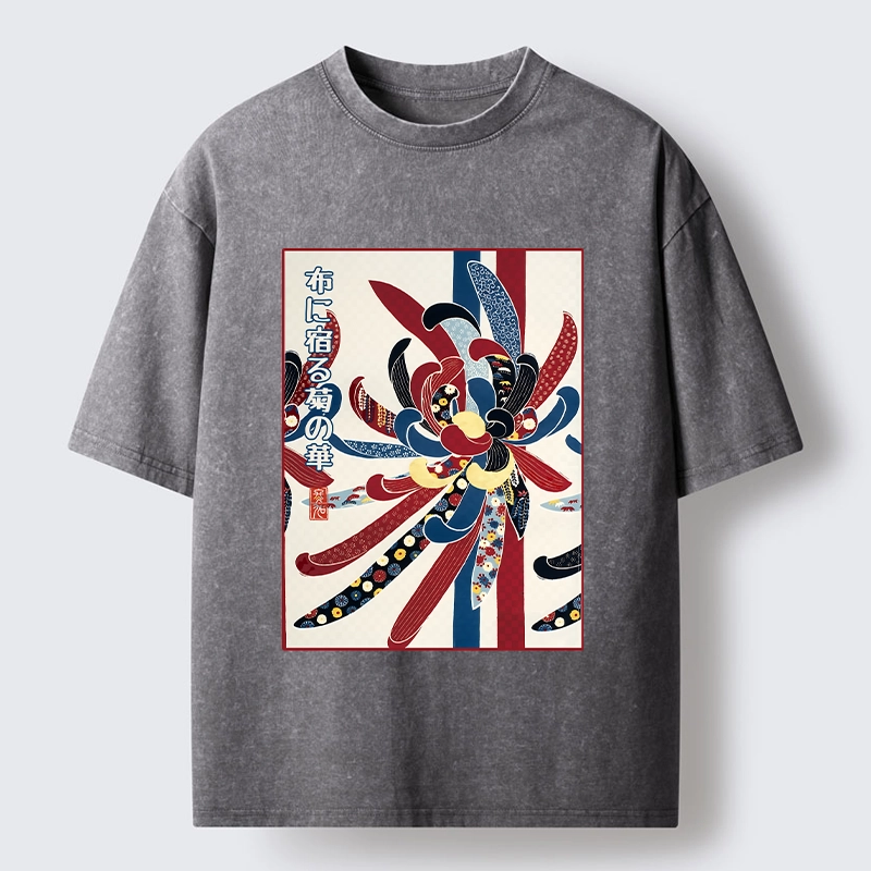 Tokyo-Tiger Traditional Oriental Big Flower Ukiyo Print Washed T-Shirt