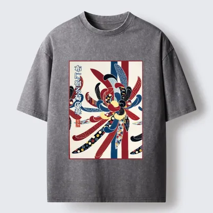 Tokyo-Tiger Traditional Oriental Big Flower Ukiyo Print Washed T-Shirt