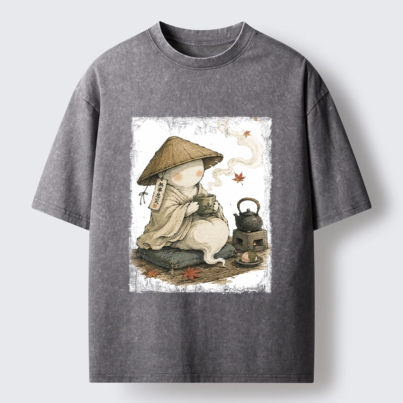 Tokyo-Tiger Cute Ghost Peaceful Tea Time Art Washed T-Shirt