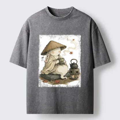 Tokyo-Tiger Cute Ghost Peaceful Tea Time Art Washed T-Shirt