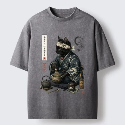 Tokyo-Tiger Samurai Cat Makes Matcha Tea Art Washed T-Shirt