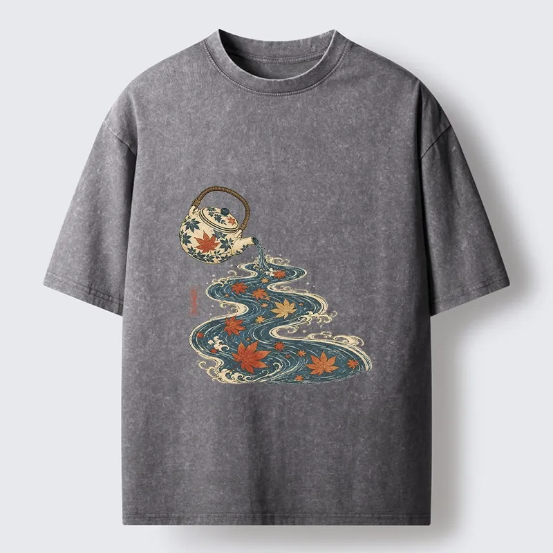 Tokyo-Tiger Maple Tea Pot Flowing River Ukiyo Art Washed T-Shirt