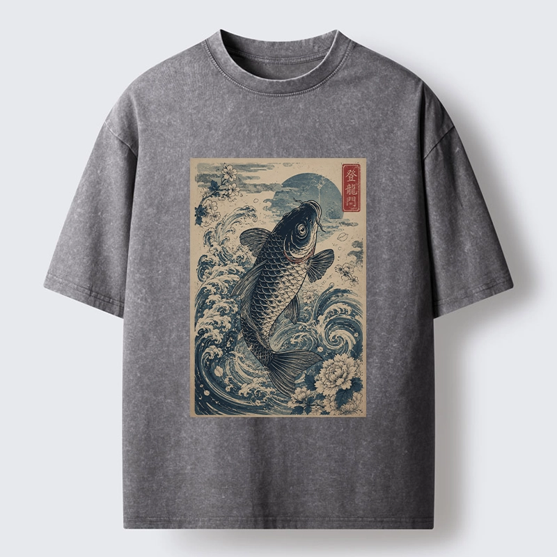 Tokyo-Tiger Vintage Ukiyo Koi Wave Flower Graphic Washed T-Shirt