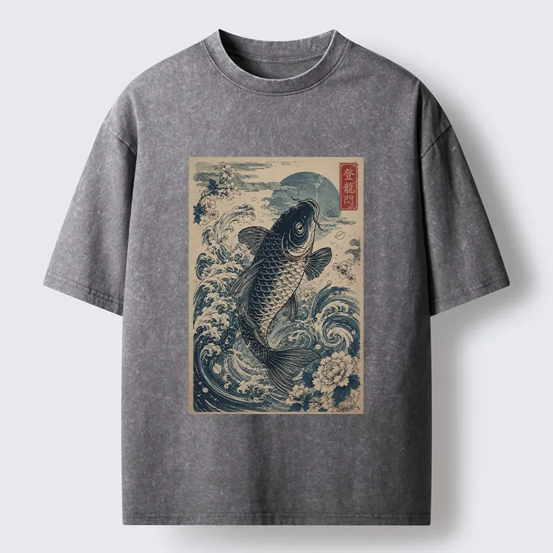 Tokyo-Tiger Vintage Ukiyo Koi Wave Flower Graphic Washed T-Shirt