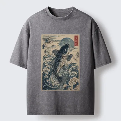 Tokyo-Tiger Vintage Ukiyo Koi Wave Flower Graphic Washed T-Shirt