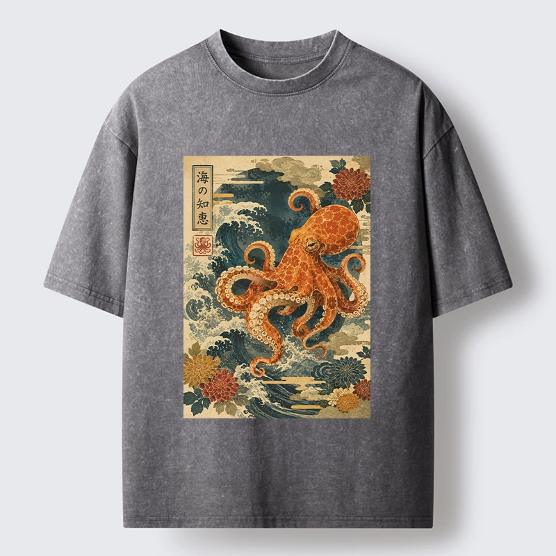 Tokyo-Tiger Wise Octopus Sea Wave Ukiyo E Art Washed T-Shirt