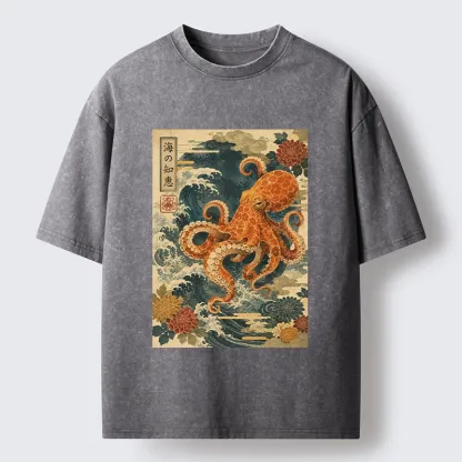 Tokyo-Tiger Wise Octopus Sea Wave Ukiyo E Art Washed T-Shirt