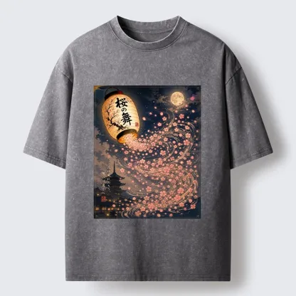 Tokyo-Tiger Sakura Wind Flows From Paper Lantern Graphic Washed T-Shirt