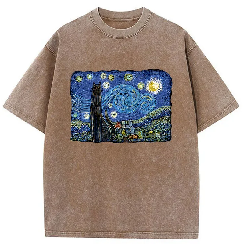 Tokyo-Tiger Cat Under The Starry Night Washed T-Shirt
