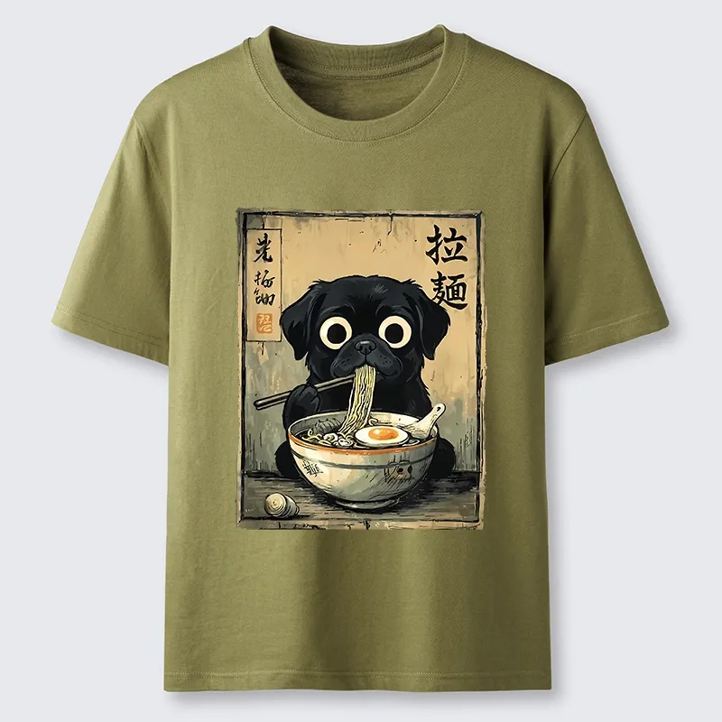 Tokyo-Tiger Cute Black Dog Eating Hot Ramen Classic T-Shirt