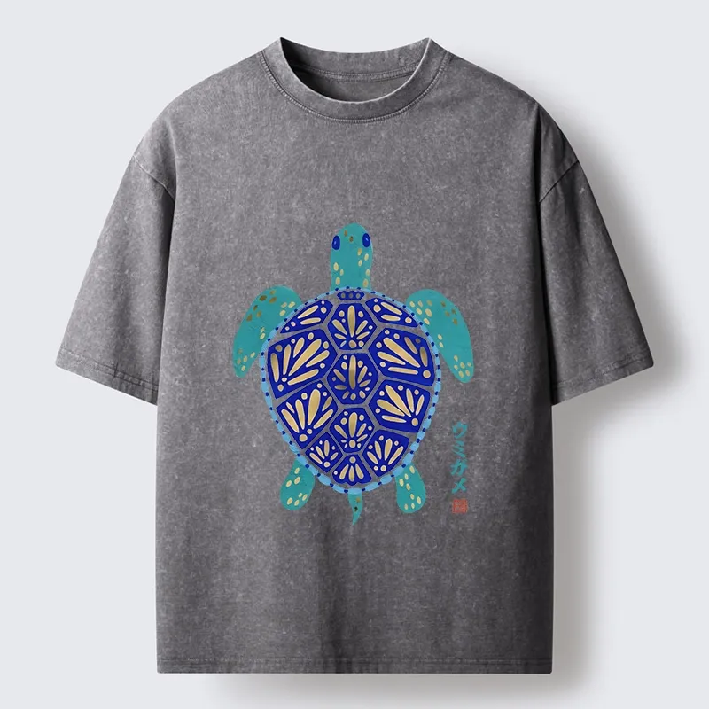 Tokyo-Tiger Blue Gold Sea Turtle Japanese Art Print Washed T-Shirt