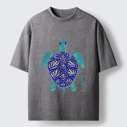 Tokyo-Tiger Blue Gold Sea Turtle Japanese Art Print Washed T-Shirt