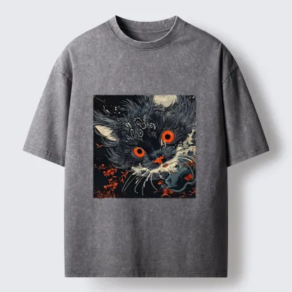 Tokyo-Tiger Soft Fluffy Black Cat Vintage Oriental Print Washed T-Shirt