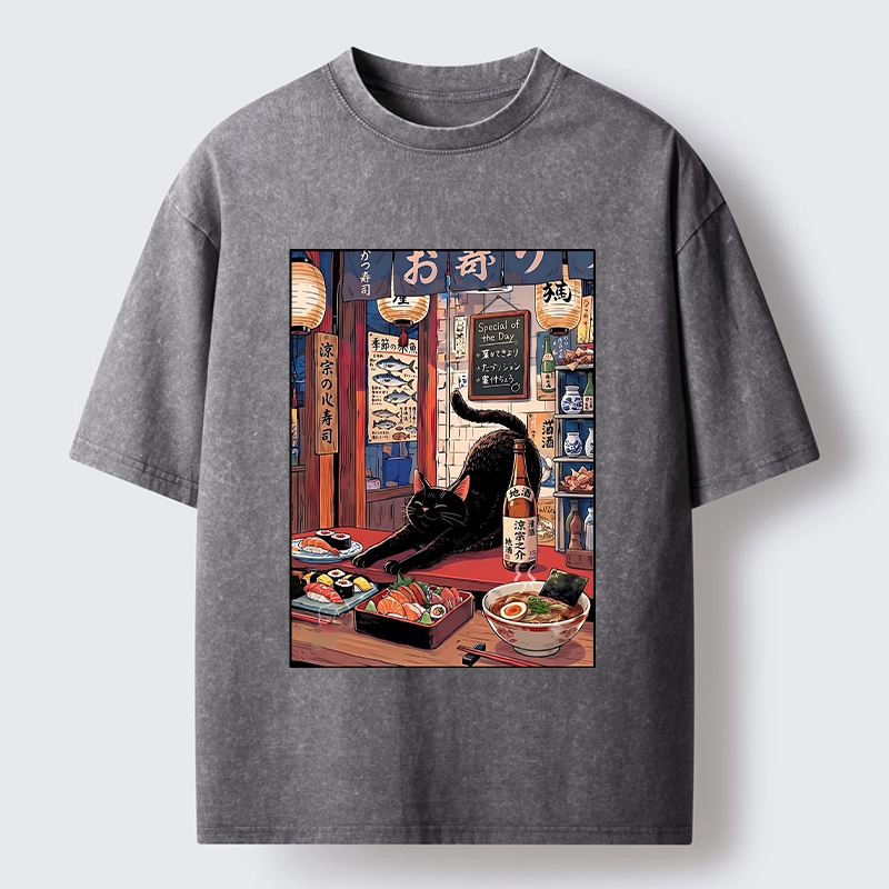 Tokyo-Tiger Warm Lantern Izakaya Black Cat Food Art Print Washed T-Shirt
