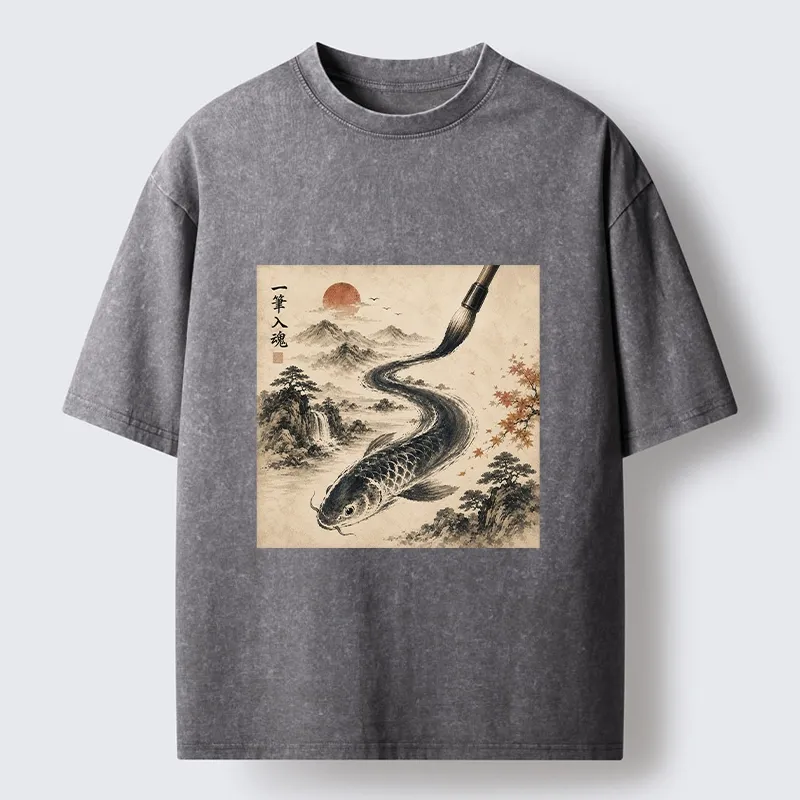 Tokyo-Tiger Autumn Mountain Ink Carp Brush Design Washed T-Shirt