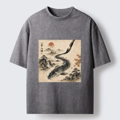 Tokyo-Tiger Autumn Mountain Ink Carp Brush Design Washed T-Shirt